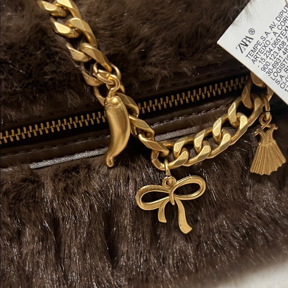 Zara Brown Fur Clutch with Gold Chain